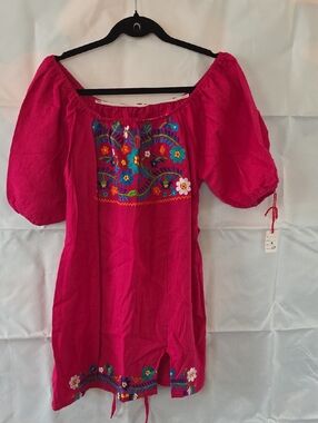MEXICANA Fuchsia Off-Shoulder Embroidered Mini Dress
